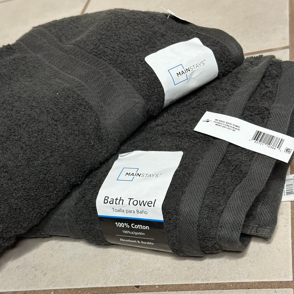 Mainstays Black/Charcoal Gray 2 Bath Towels cotton rich‎